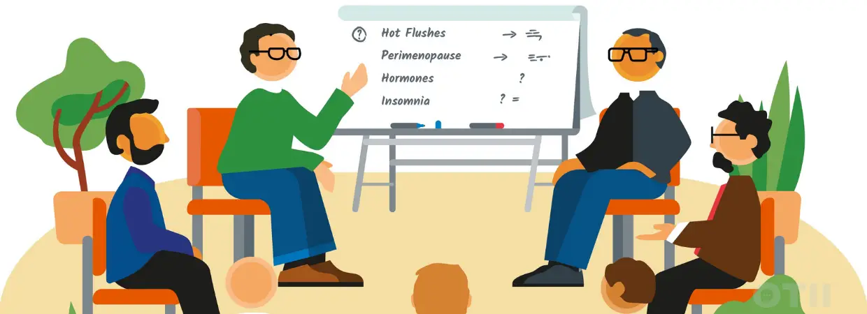 Illustration of men taking part in the Menopause Unmasked workshop, helping build better allies at work and at home.